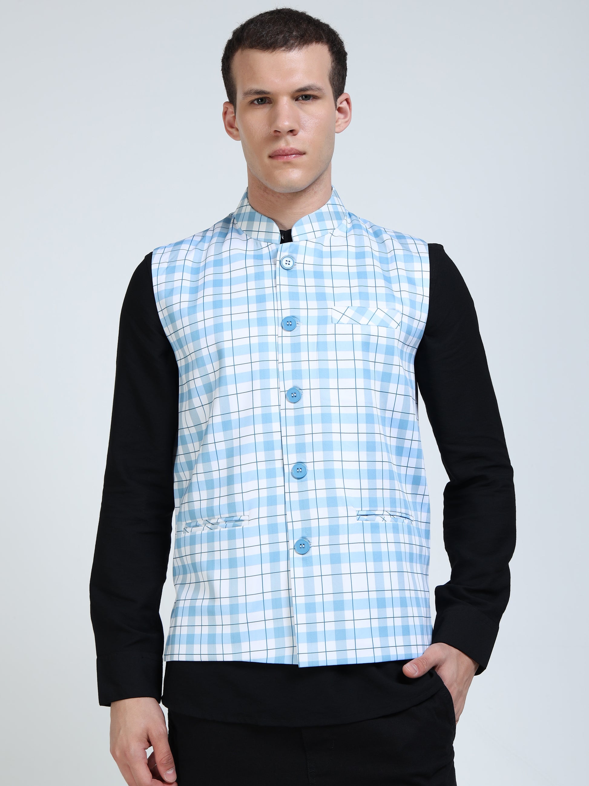 Front view of Men’s Printed Modi Coat in Blue Gingham with Mandarin collar