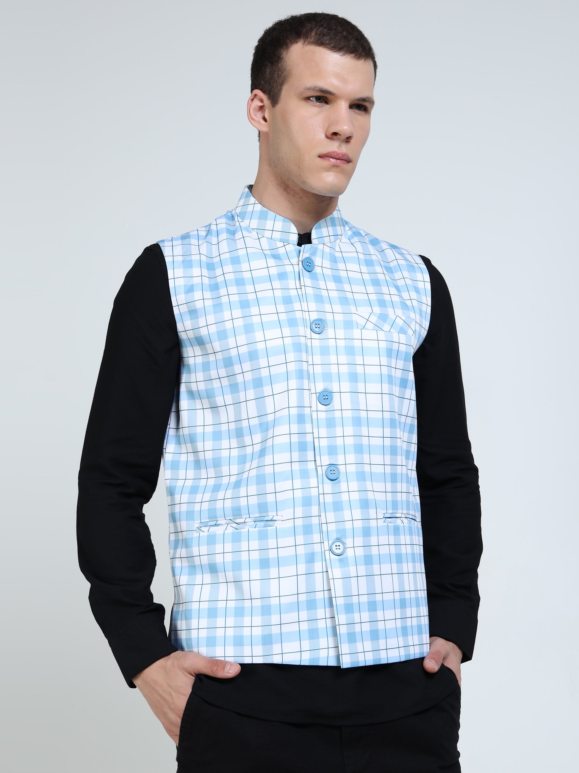Side profile of Men’s Printed Modi Coat Blue Gingham pattern