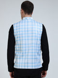 Back view of Blue Gingham Printed Modi Coat for men in slim-fit design