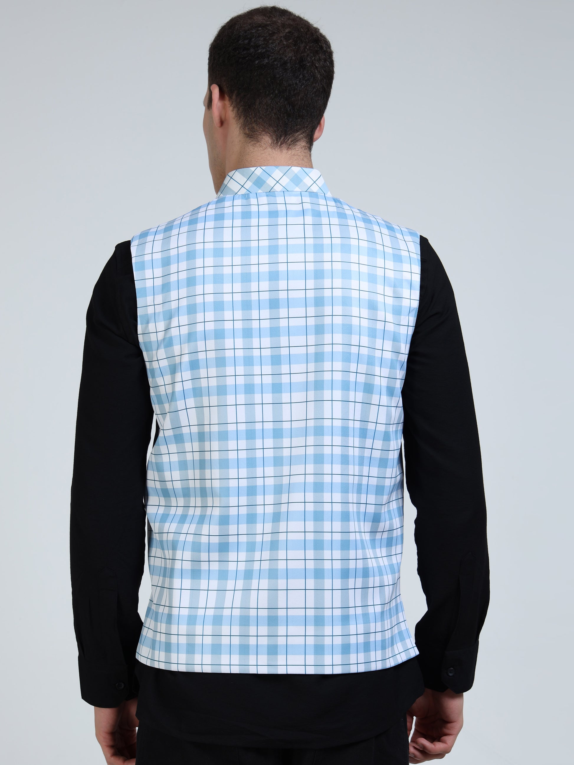 Back view of Blue Gingham Printed Modi Coat for men in slim-fit design
