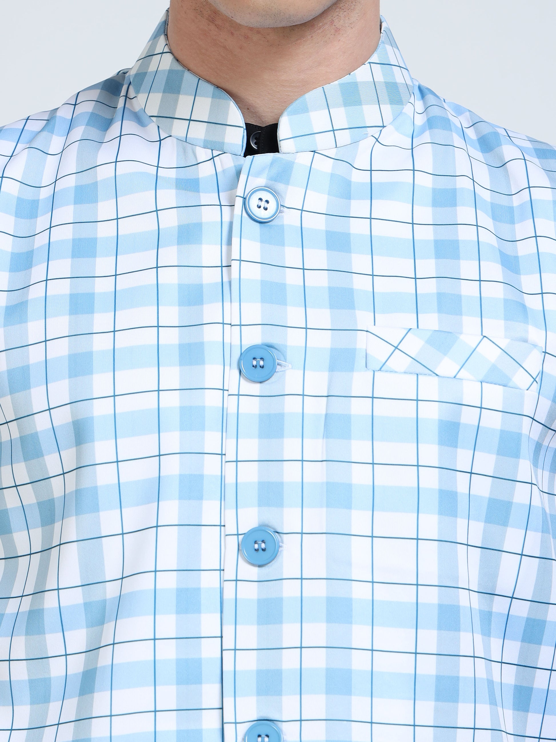 Close-up of Mandarin collar on Blue Gingham Printed Modi Jacket