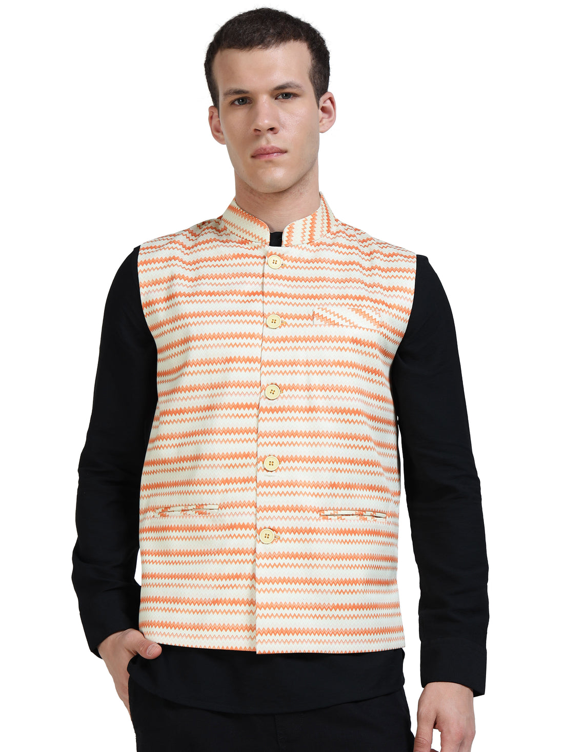Side angle of model in Wavy Stripes Modi Jacket paired with kurta