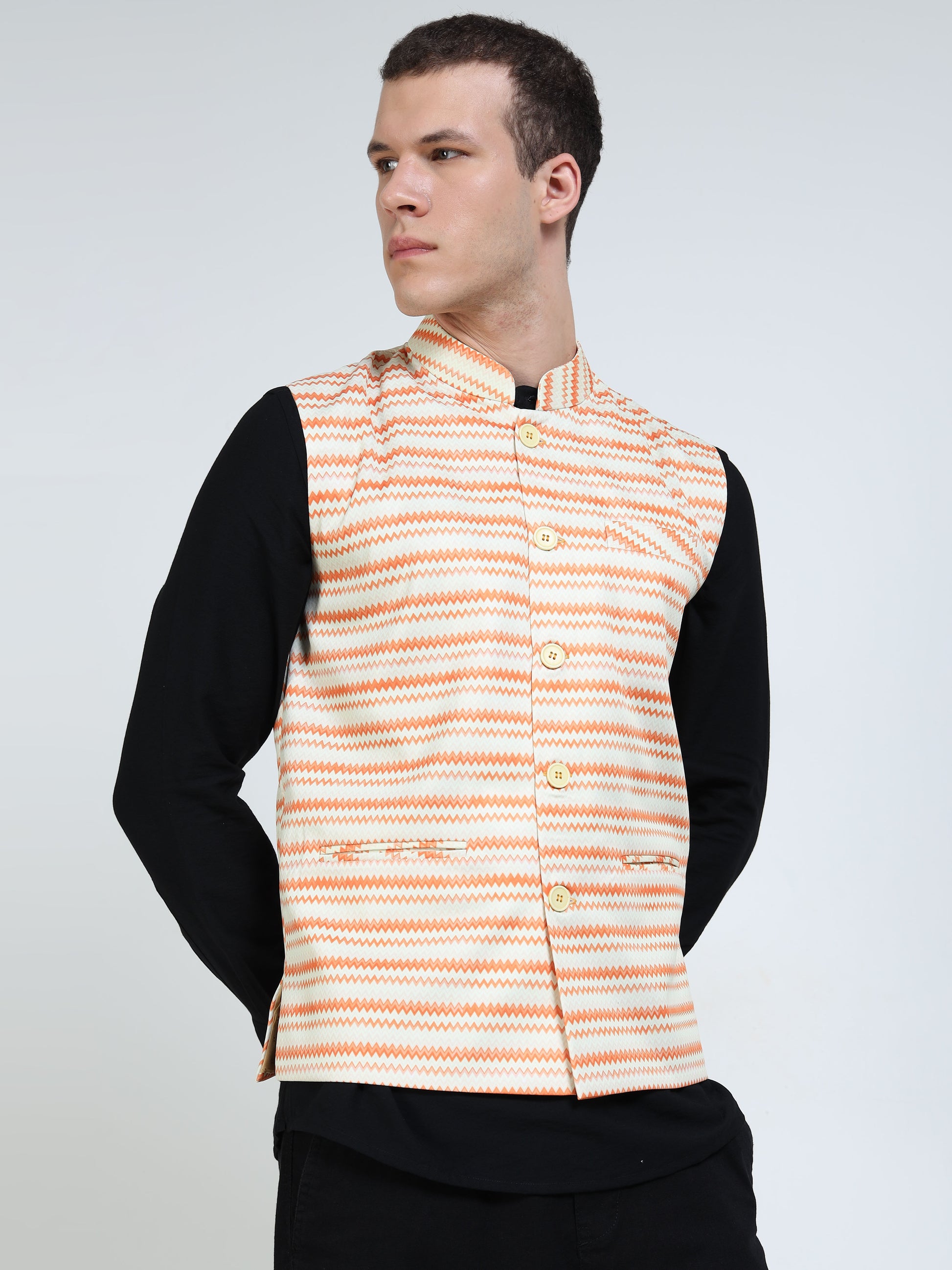 Lifestyle shot of model wearing Printed Modi Coat Wavy Stripes