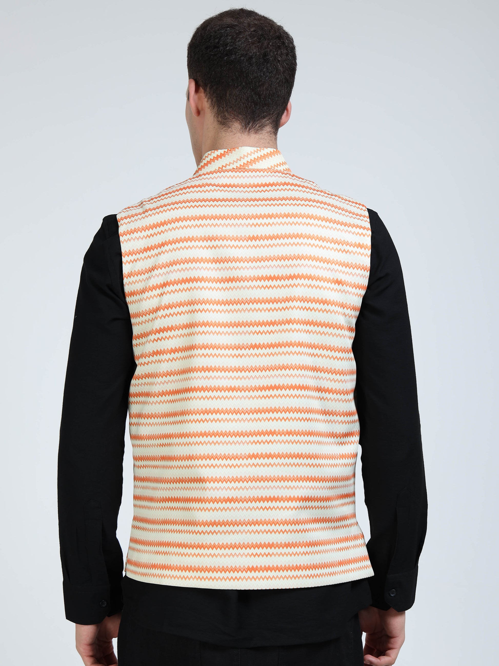 Back view of Wavy Stripes Printed Modi Coat for men in slim-fit design