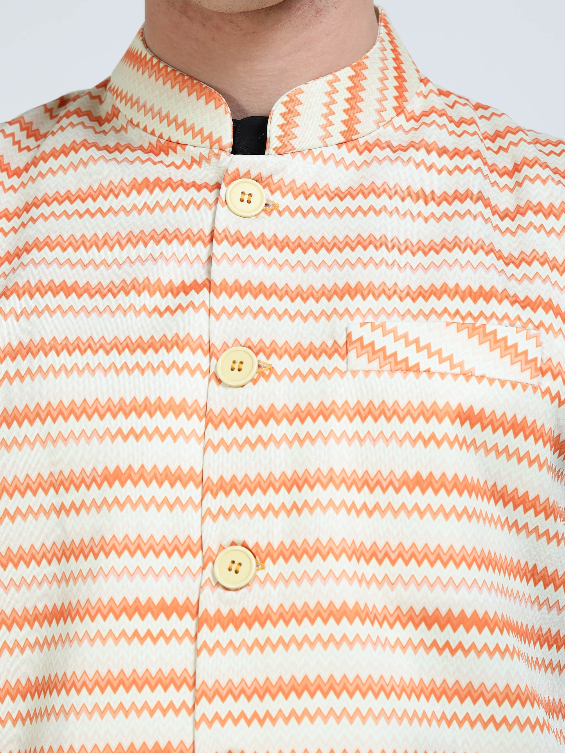 Close-up of Mandarin collar on Wavy Stripes Printed Modi Jacket