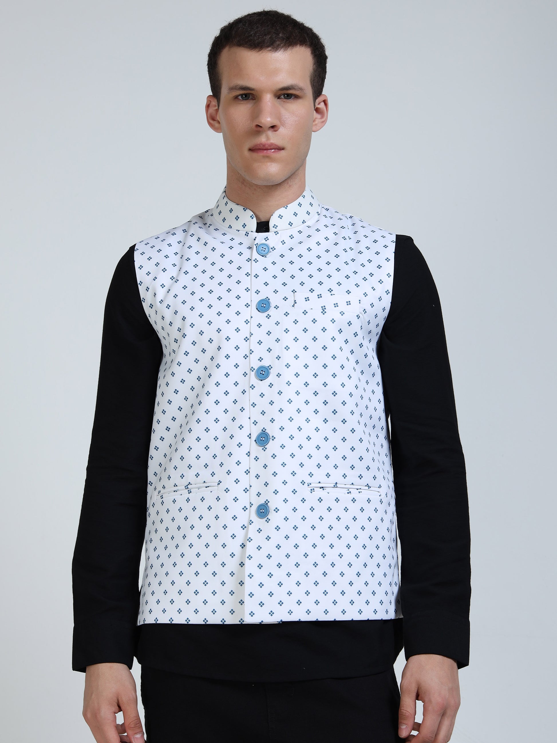 Front view of Men’s Printed Modi Coat in Micro Tile with Mandarin collar