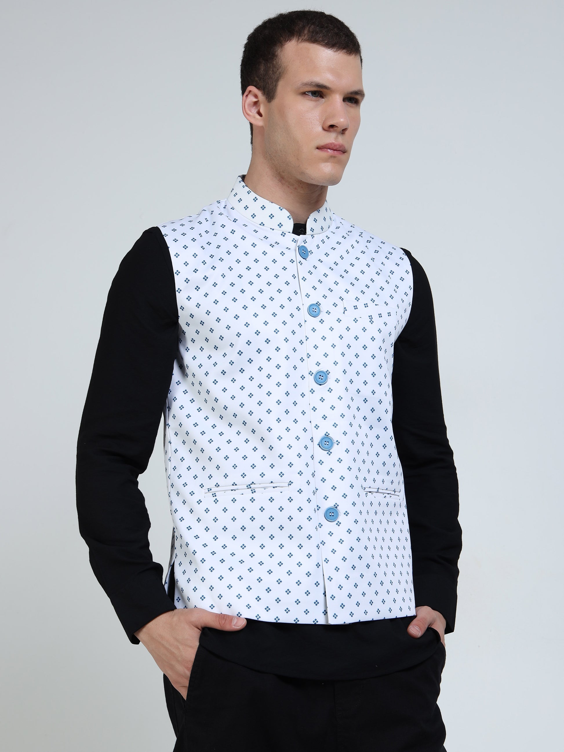 Model wearing Men’s Printed Modi Coat Micro Tile styled with kurta