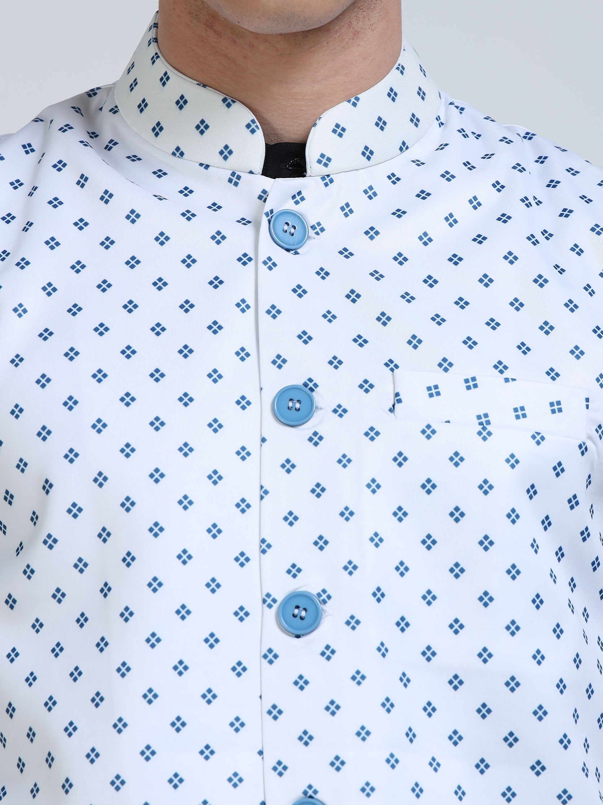 Close-up of Mandarin collar on Micro Tile Printed Modi Jacket