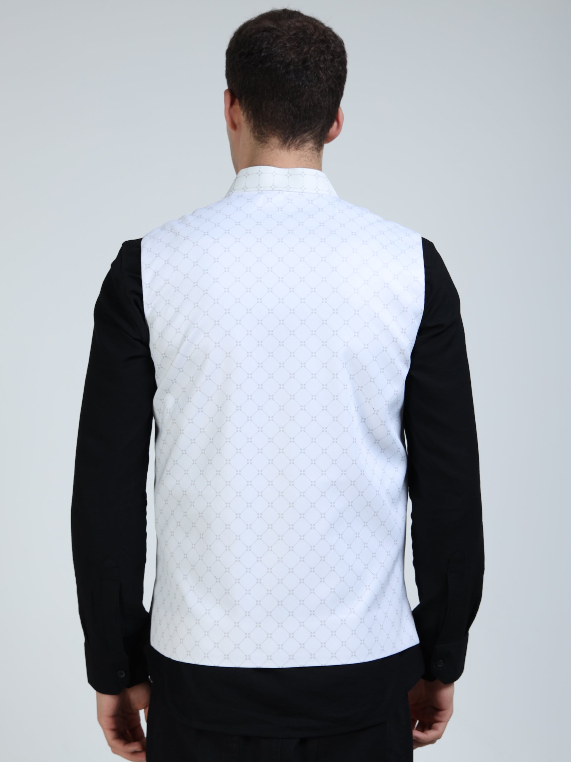 Back view of Diamond Mesh Printed Modi Coat for men in slim-fit design
