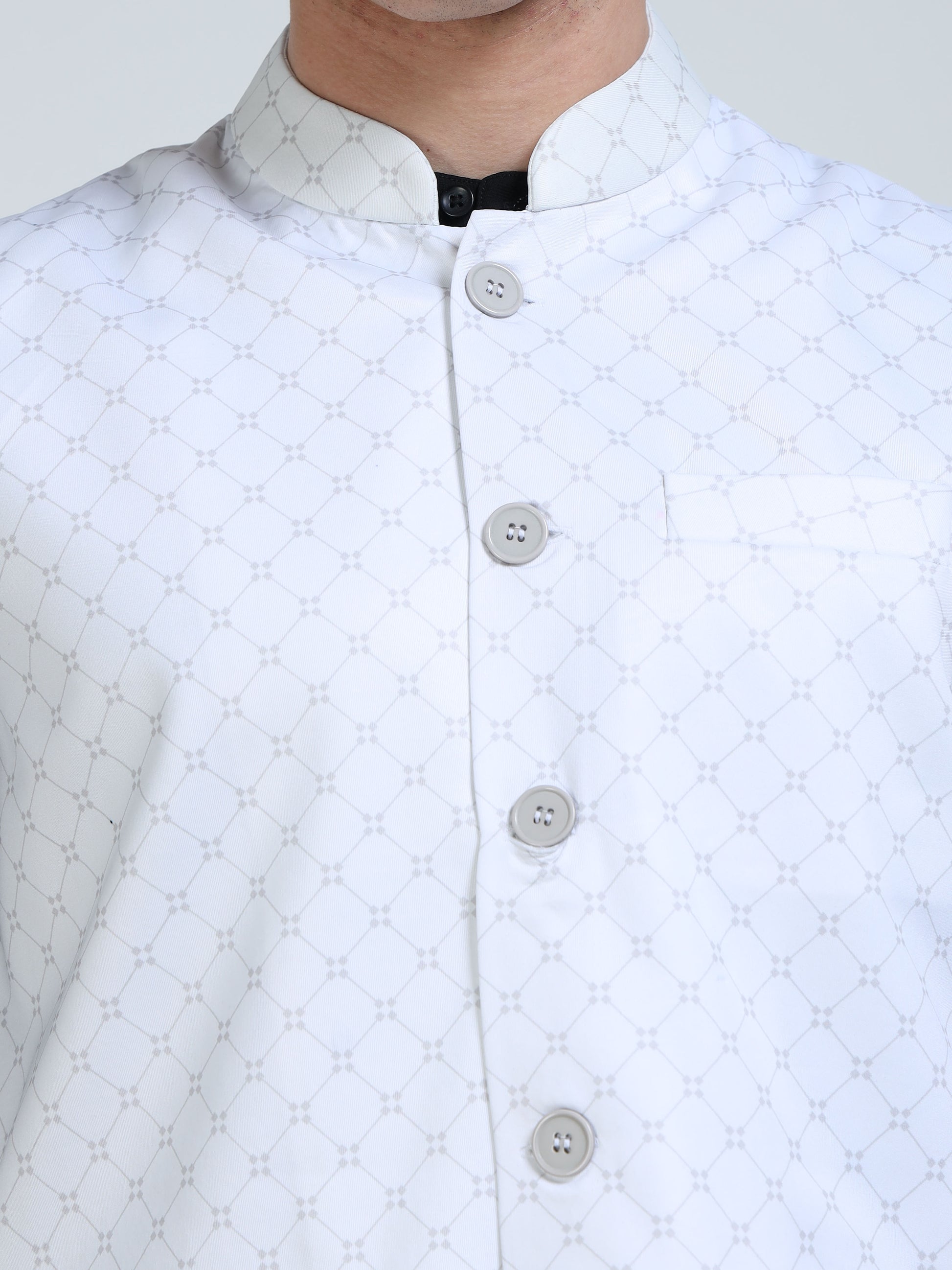 Close-up of Mandarin collar on Diamond Mesh Printed Modi Jacket