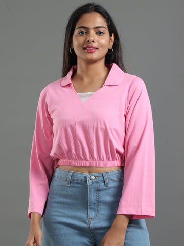 Women's Recycled Cotton Cropped Full Sleeve Polo T Shirt - Shell Pink