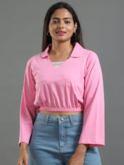 Women's Recycled Cotton Cropped Full Sleeve Polo T Shirt - Shell Pink