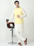 Model wearing Men’s Sustainable Cotton Modi Coat Lemon styled with kurta
