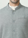 Close-up of Mandarin collar on Bottle Green Sustainable Cotton Modi Jacket

