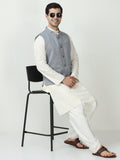 Model wearing Men’s Sustainable Cotton Modi Coat Navy styled with kurta
