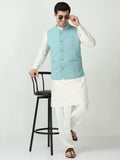 Model wearing Men’s Sustainable Cotton Modi Coat Jade styled with kurta
