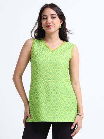 Women’s Sleeveless Short Kurta – Green Motif Lines