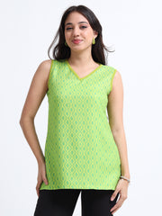 Women’s Sleeveless Short Kurta – Green Motif Lines