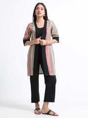 Women’s Open Long Length Shrug -  Horizontal Striped Jacquard