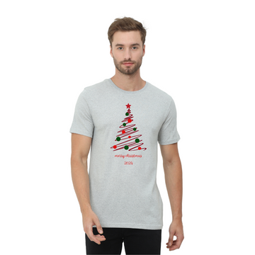 Men's Eco Round Neck with Chest Print - Merry Christmas - Grey
