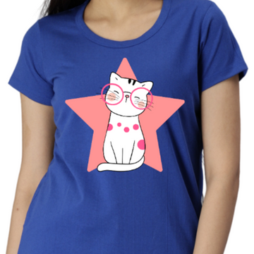 Women's Eco Round Neck TShirt with Chest Print - Star Cat - Imperial Blue