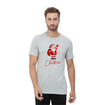 Men's Eco Round Neck with Chest Print - Happy  Christmas - Grey