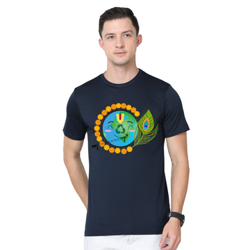Men's Round Neck with Chest Print - Krishna - Navy