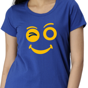 Women's Eco Round Neck TShirt with Chest Print - Yellow Smiley - Imperial Blue
