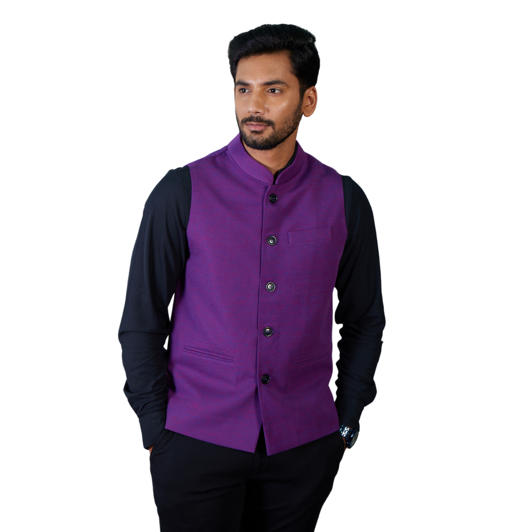 Front view of Men’s Modi Coat Dual Tone Violet with Mandarin collar