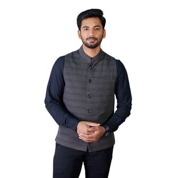 Front view of Men’s Modi Coat Dual Tone Black with Mandarin collar