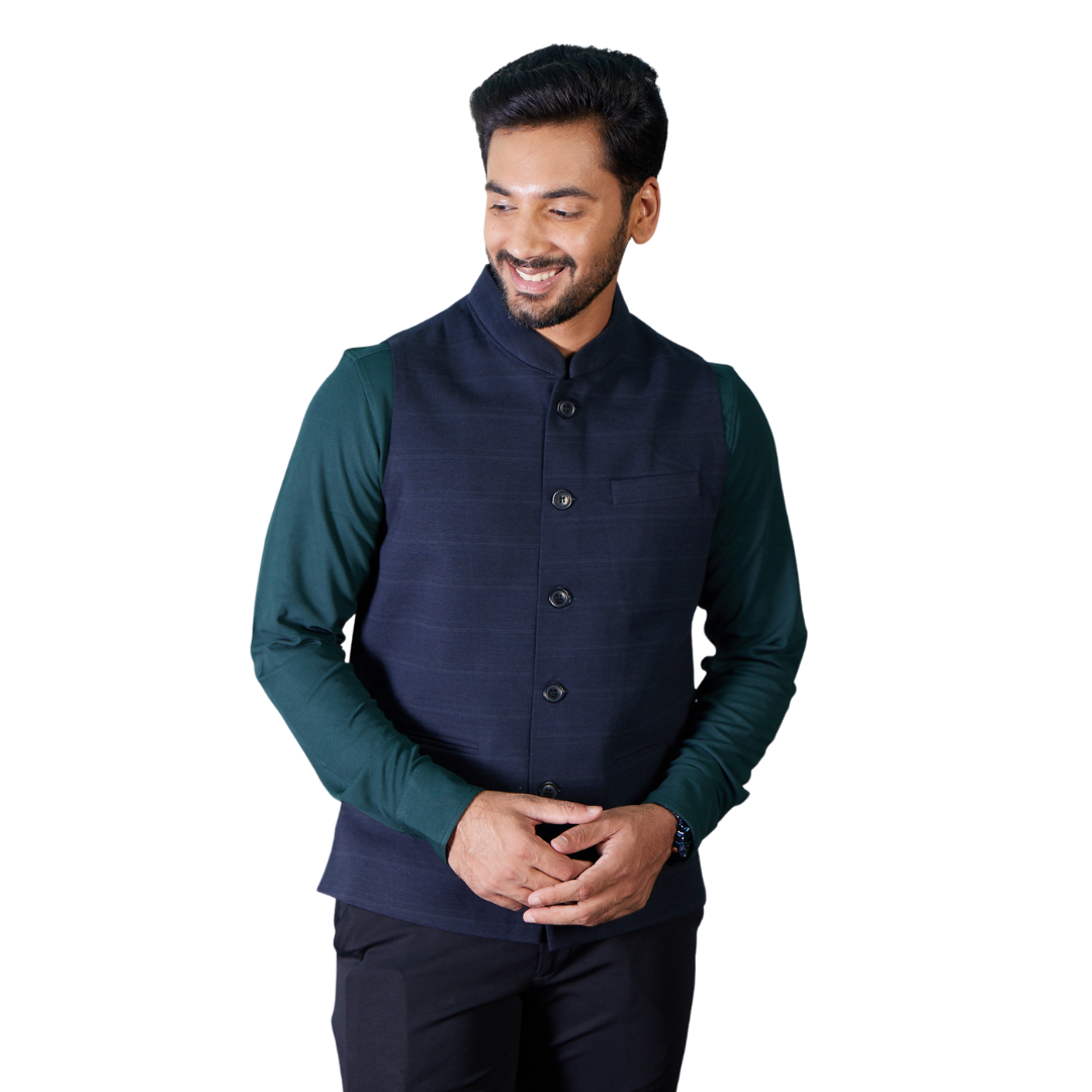 Front view of Men’s Modi Coat Dual Tone Navy with Mandarin collar