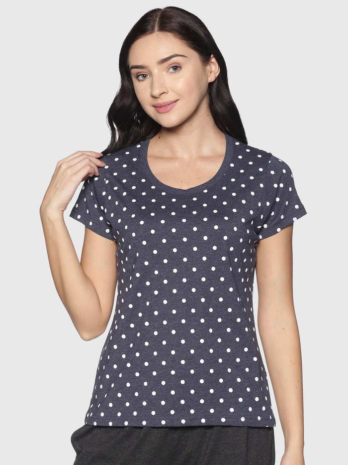 Women's Cotton Polka Dots Printed Round Neck T Shirt