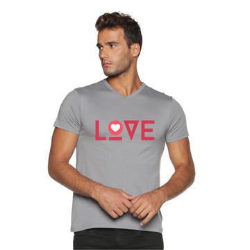 Men's Cotton V Neck with Chest Print - Love - Grey