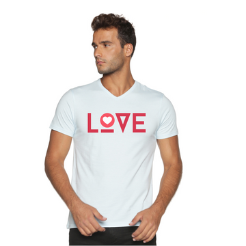 Men's Cotton V Neck with Chest Print - Love - Whispy Blue