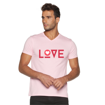 Men's Cotton V Neck with Chest Print - Love - Pink