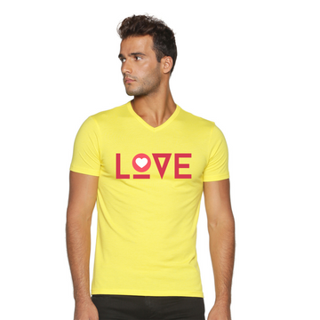 Men's Cotton V Neck with Chest Print - Love - Yellow
