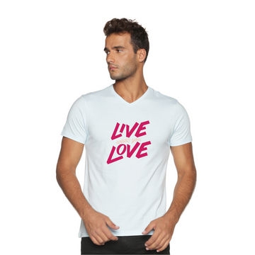 Men's Cotton V Neck with Chest Print - Live what you Love - Whispy Blue