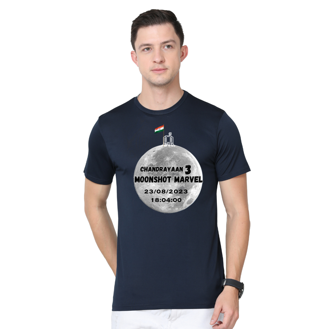 Men's Round Neck with Chest Print - Chandrayaan-3 with Flag - Navy
