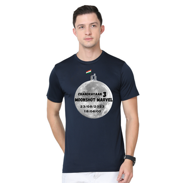 Men's Round Neck with Chest Print - Chandrayaan-3 with Flag - Navy