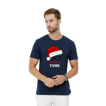 Men's Eco Round Neck with Chest Print - Santa Time - Navy