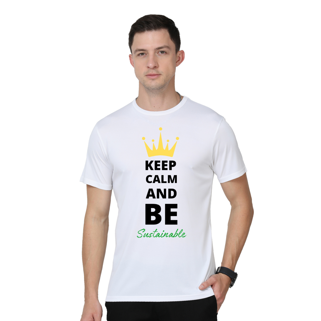 Men's Round Neck with Chest Print - Keep Clam AND Be Sustainable - White