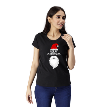 Women's Eco Round Neck TShirt with Chest Print - Merry Christmas(Option 1) - Black
