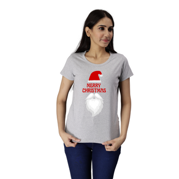 Women's Eco Round Neck TShirt with Chest Print - Merry Christmas(Option 1) - Grey