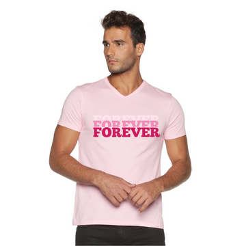 Men's Cotton V Neck with Chest Print - Forever - Pink