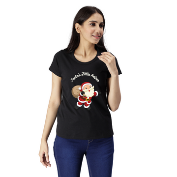 Women's Eco Round Neck TShirt with Chest Print - Santa's Little Helper - Black