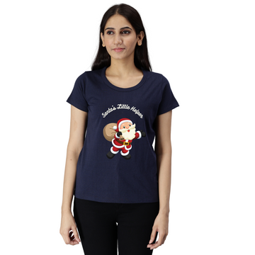 Women's Eco Round Neck TShirt with Chest Print - Santa's Little Helper - Navy