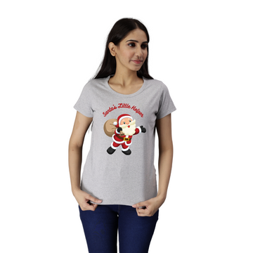 Women's Eco Round Neck TShirt with Chest Print - Santa's Little Helper - Grey