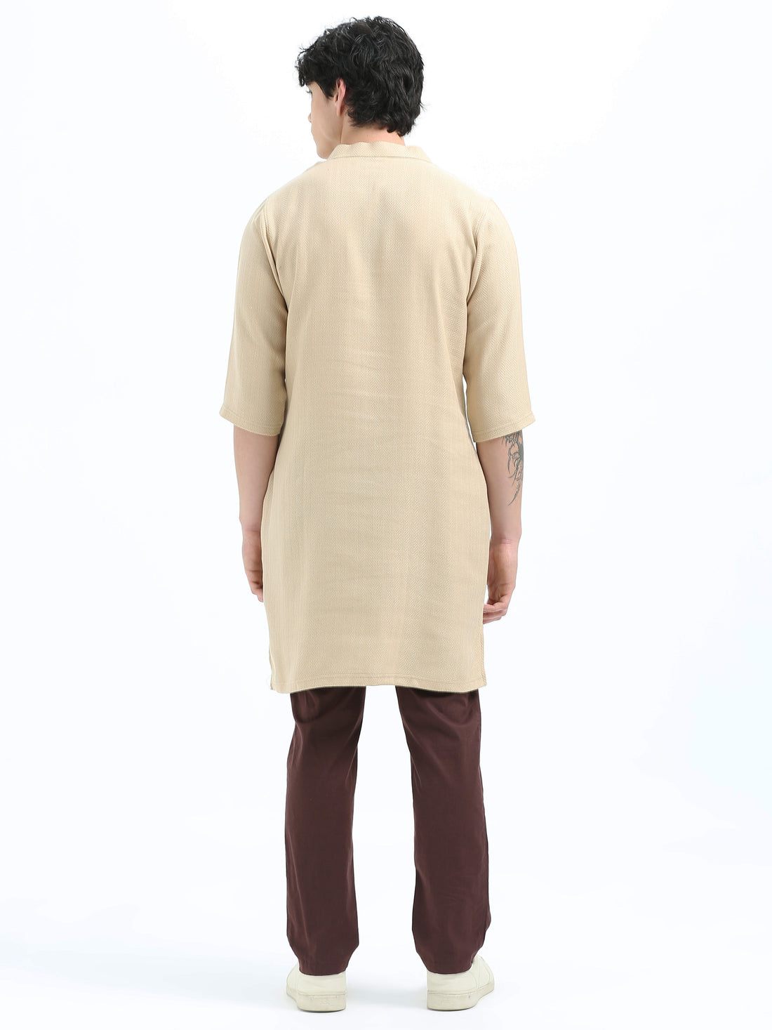 Men’s Long Kurta - Tan Herringbone Twill