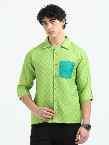 Men’s Indie Printed Woven Shirts With Pocket - Green Motif Lines