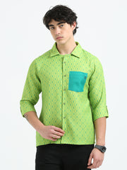 Men’s Indie Printed Woven Shirts With Pocket - Green Motif Lines